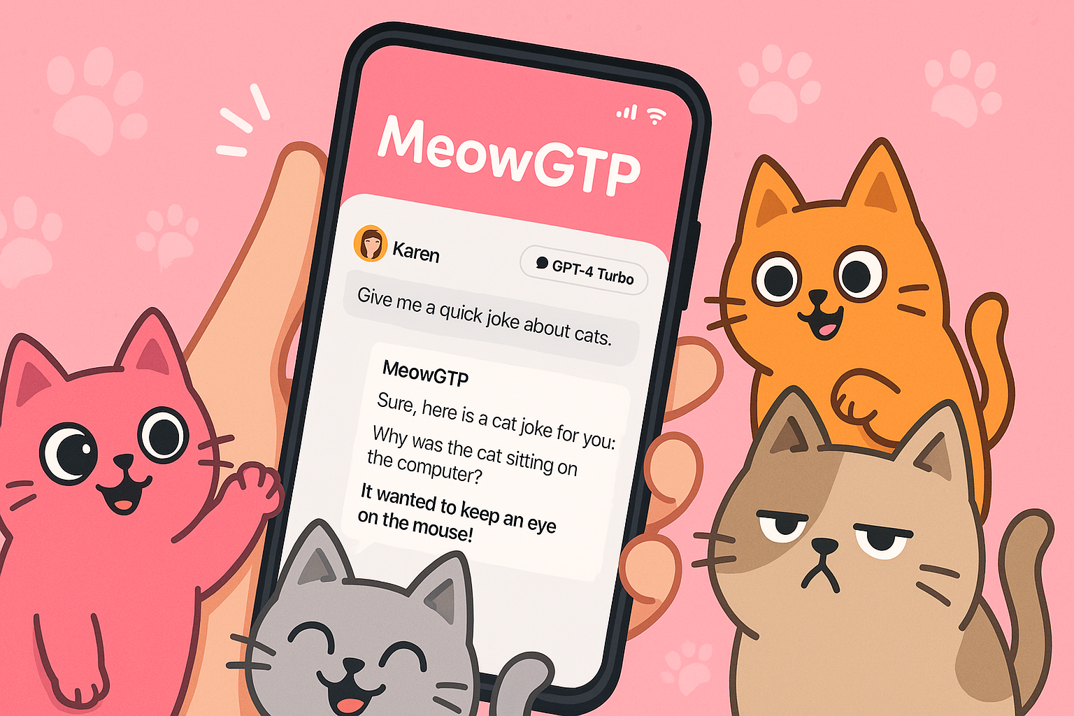 A playful cat puzzled by a futuristic screen labeled 'GTP?'